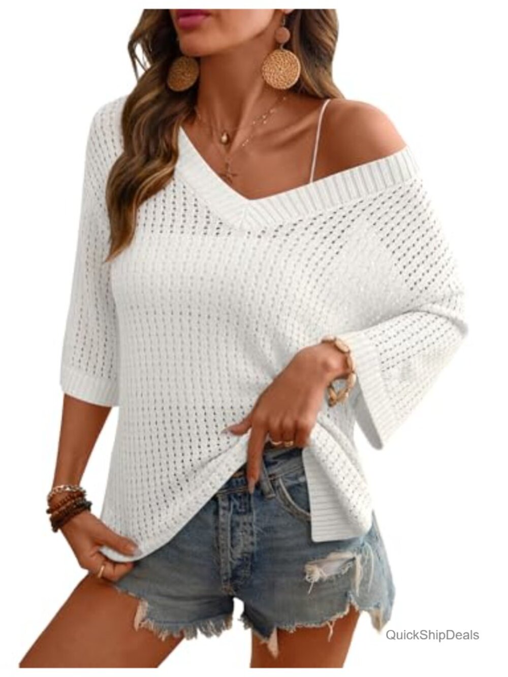 Crochet V Neck 3/4 Sleeve Knitted Pullover Sweater Beach Cover Up